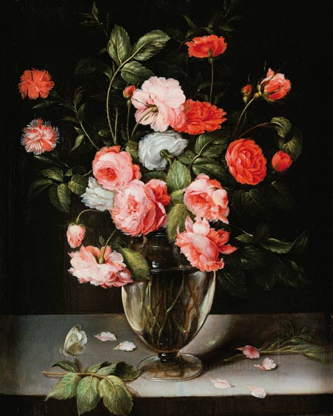 Rosen und Nelken in einer Glasvase auf einem Sims. von Ambrosius Brueghel