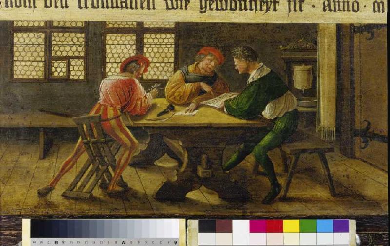 Schulmeister erklärt zwei des Lesens unkundigen Gesellen ein Schriftstück. von Ambrosius Holbein