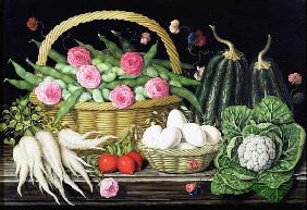Eggs, broad beans and roses in basket
