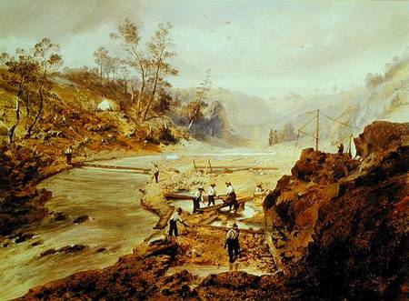 'Fortyniners' washing gold from the Calaveres River, California von American School