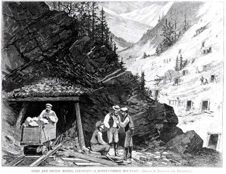 Gold and Silver Mining, Colorado - A Honey-Combed Mountain, from a drawing by Frenzeny and Tavernier von American School