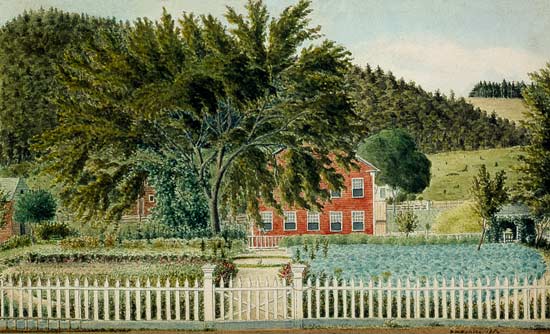 View of a Red House with a Picket Fence von American School