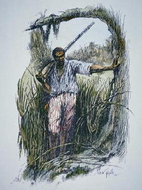 Runaway slaves seeking refuge in the Florida Everglades (coloured engraving) 20th