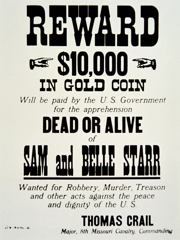 Reward poster for Belle Starr (1848-89) c.1882 (print) von American School, (19th century)