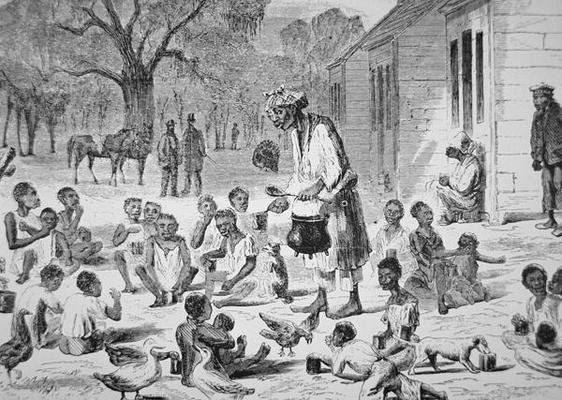 A cook feeding slave children on a Southern plantation, c.1860 (engraving) von American School, (19th century)