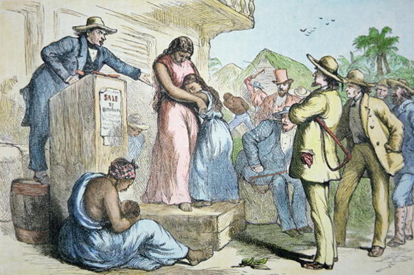 A slave auction in the Deep South, c.1850 (coloured engraving) von American School, (19th century)