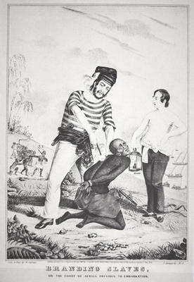 Branding slaves on the coast of Africa, prior to embarkation, 1845 (litho) von American School, (19th century)