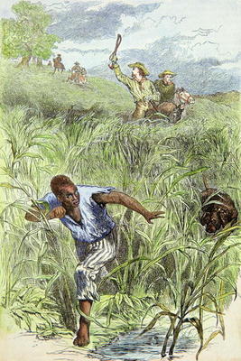 Hunting an escaped slave with dogs (coloured engraving) von American School, (19th century)