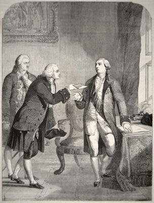 John Adams (1735-1826) as the First American Ambassador to the English Court, presenting his credent von American School, (19th century)
