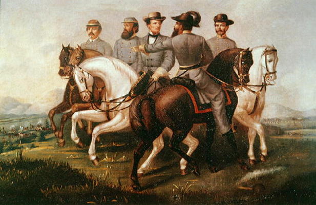 President of the Confederate States during the American Civil War, with his generals (oil on canvas) von American School, (19th century)