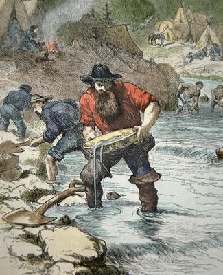 Prospectors panning for gold during the Californian Gold Rush of 1849 (coloured engraving) von American School, (19th century)