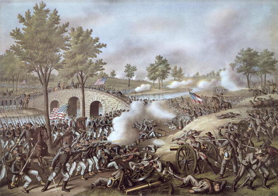 The Battle of Antietam, 1862, by Kurz & Allison (colour litho) von American School, (19th century)