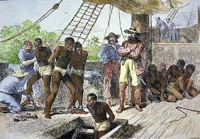 African slaves being taken on board ship bound for USA (coloured engraving) 1572
