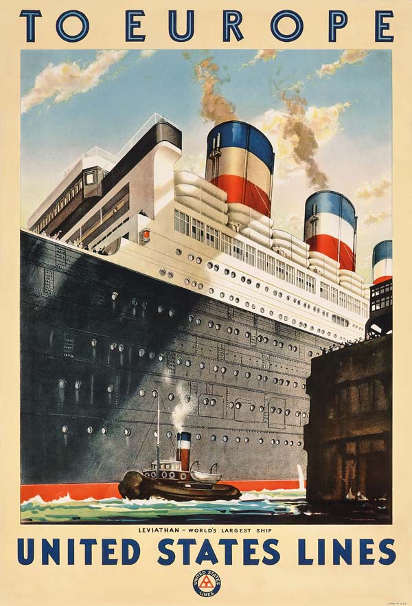 Poster advertising travel to Europe with the ocean liner 'Leviathan' by the shipping company 'United von American School, (20th century)
