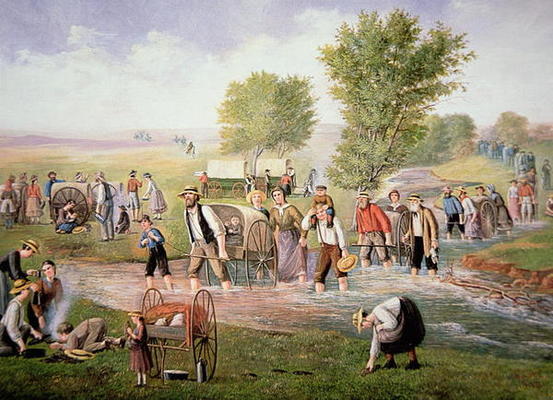 Mormon pioneers pulling handcarts on the long journey to Salt Lake City in 1856 (colour litho) von American School, (20th century)