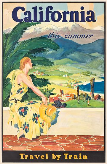 Poster advertising train travel to California von American School, (20th century)
