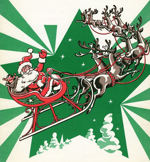 Santa Flying with His Reindeer von American School, (20th century)