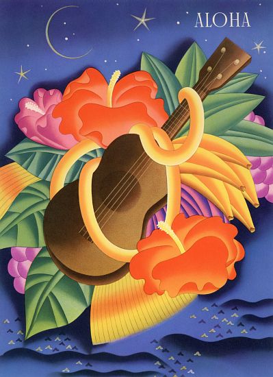 Symbols of Hawaii Including a Ukelele and Hibiscus Blossoms von American School, (20th century)