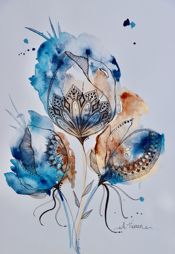 Mandala Floral (Blau,Gold,Gebranntes Siena) von Amy Tieman