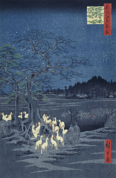 Fuchsfeuer am Heiligabend vor dem Nesselbaum nahe Oji (Einhundert Ansichten von Edo) von Ando oder Utagawa Hiroshige