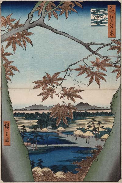 Ahornblätter, der Tekona Schrein und die Brücke. Aus der Serie: Hundert Ansichten von Sehenswürdigke von Ando oder Utagawa Hiroshige