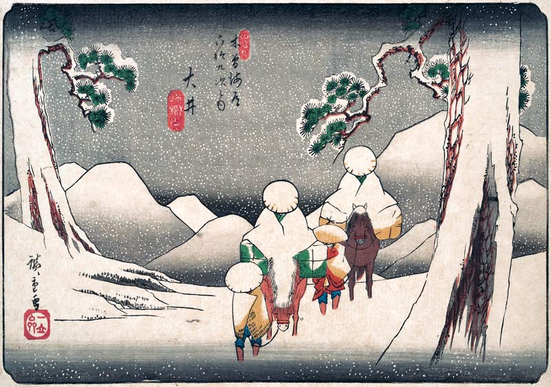 Travellers in the Snow at Oi von Ando oder Utagawa Hiroshige