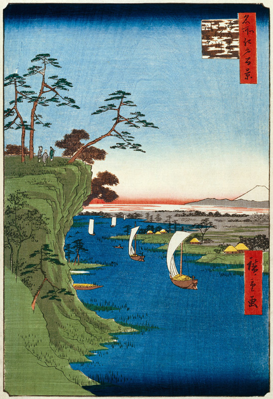 Landschaft am Tonegawa mit dem Storchenhügel (Einhundert Ansichten von Edo) von Ando oder Utagawa Hiroshige