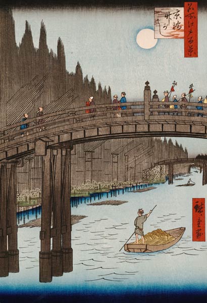 Der Bambus-Stapelplatz an der Kyobashi-Brücke. (Einhundert Ansichten von Edo) von Ando oder Utagawa Hiroshige