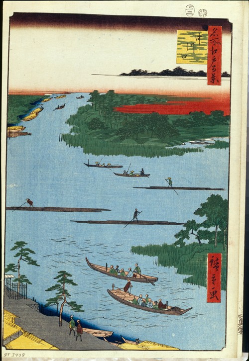 Die Mündung des Nakagawa (Einhundert Ansichten von Edo) von Ando oder Utagawa Hiroshige