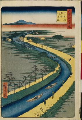 Gezogene Boote auf dem Yotsugi-dori Kanal (Einhundert Ansichten von Edo)