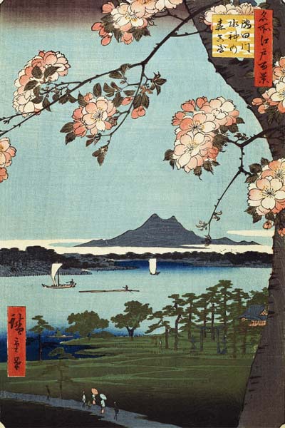 Suijin Schrein und Massaki am Fluß Sumida. (Aus der Serie: 100 berühmte Ansichten von Edo). von Ando oder Utagawa Hiroshige