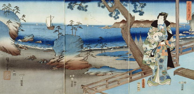 Prince Genji watching at the Suma Beach (triptych) von Ando oder Utagawa Hiroshige
