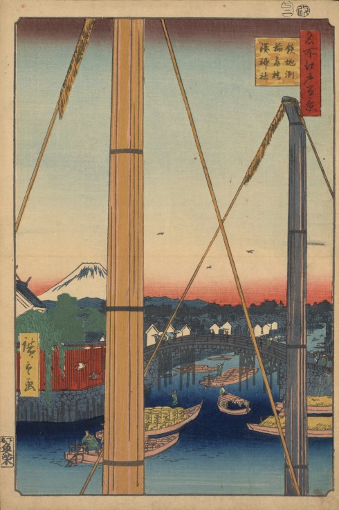 Teppozu Inari Schrein und Brücke (Einhundert Ansichten von Edo) von Ando oder Utagawa Hiroshige