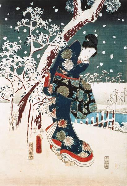Snow Scene in the Garden of a Daimyo, part of Triptych (silkscreen) 1767