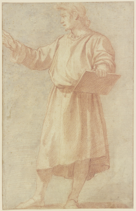 Stehender Mann nach links mit vorgestrecktem rechten Arm und einer Tafel mit der Linken in starker V von Andrea del Sarto
