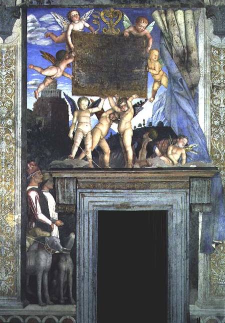 Putti with butterfly wings supporting the dedicatory plaque with hunting dogs and their handlers bel von Andrea Mantegna