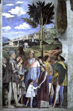Arrival of Cardinal Francesco Gonzaga, greeted by his father Marchese Ludovico Gonzaga III (reigned 1465-74
