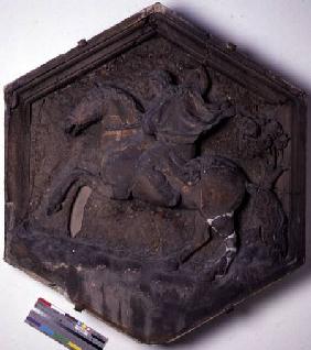 The Art of Hunting, hexagonal decorative relief tile from a series depicting the practitioners of th  c.1334-48
