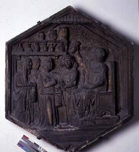 The Art of Medicine, hexagonal decorative relief tile from a series depicting the practitioners of t  c.1334-48