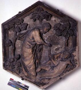 The Creation of Adam, hexagonal decorative relief tile from a series illustrating episodes from Gene  c.1334-48