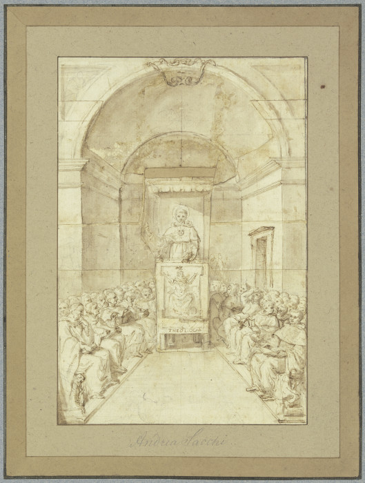Der Heilige Antonius von Padua predigt vor einer Versammlung von Geistlichen von Andrea Sacchi