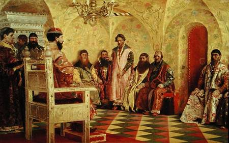Tsar Mikhail Fyodorovich (1596-1645) with Boyars Sitting in His Room von Andrei Petrovich Ryabushkin