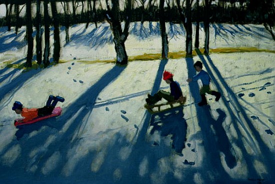 Boys Sledging, Allestree Park, Derby (oil on canvas)  von Andrew  Macara