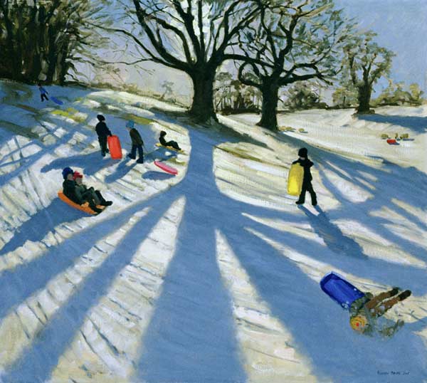 Winter Tree, Snow Sledgers, Calke Abbey, Derby (oil on canvas)  von Andrew  Macara