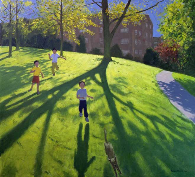 Children Running in the Park, Derby, 2002 (oil on canvas)  von Andrew  Macara