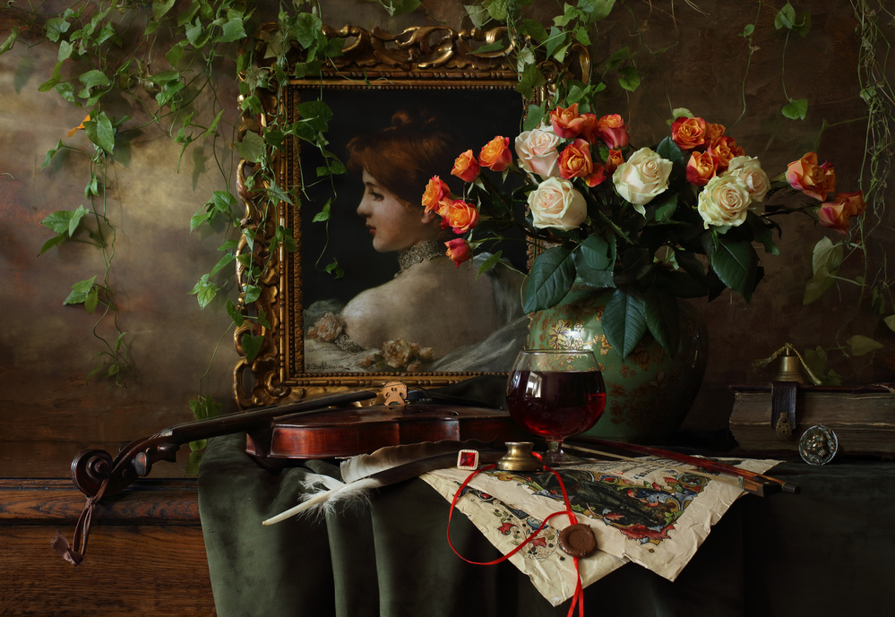 Stillleben mit Geige und Blumen von Andrey Morozov