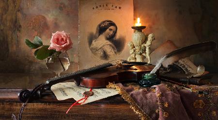 Stillleben mit Geige und Rose