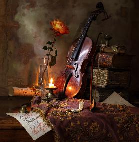 Stillleben mit Geige und Rose