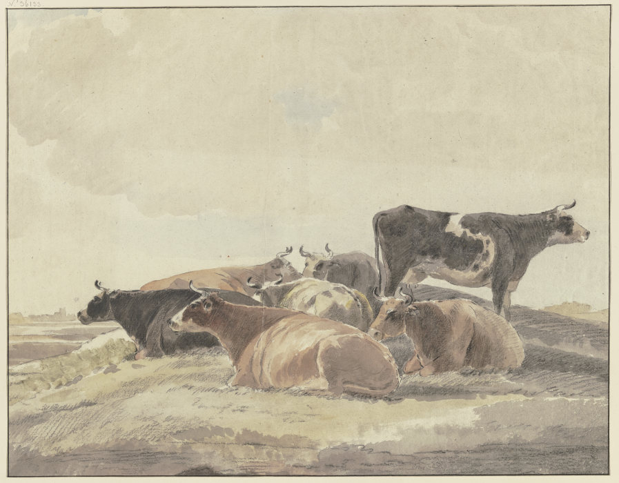 Auf einem Hügel sechs liegende und eine stehende Kuh von Andries Vermeulen