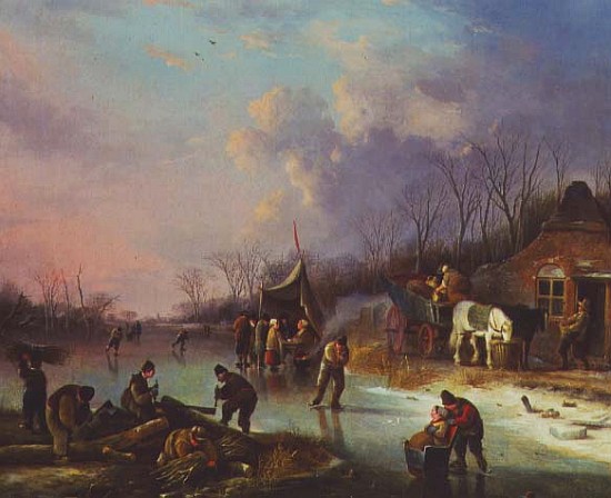 Dutch Peasants on a frozen river von Andries Vermeulen